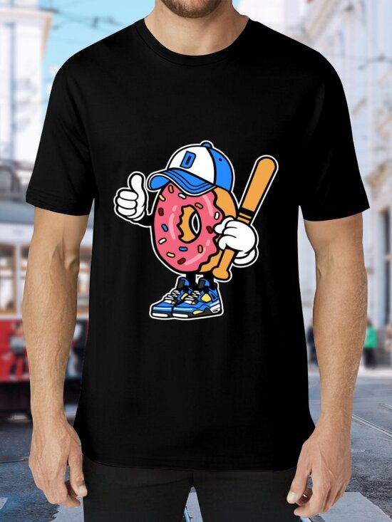 Other - Men's Black Short Sleeve Tee with Donut Baseball Graphic